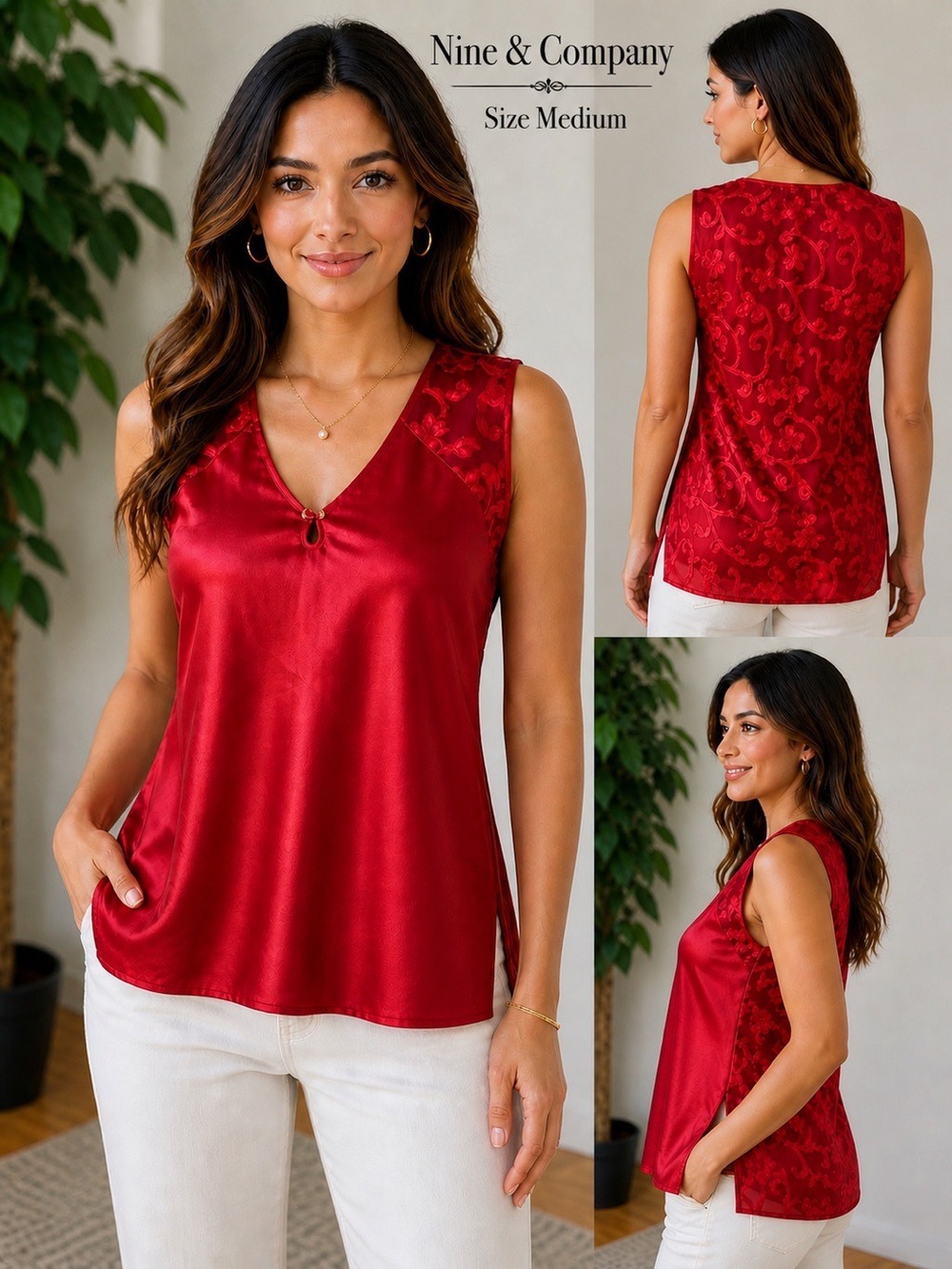 Nine & Company Red Satin Floral Sleeveless Blouse Size Medium